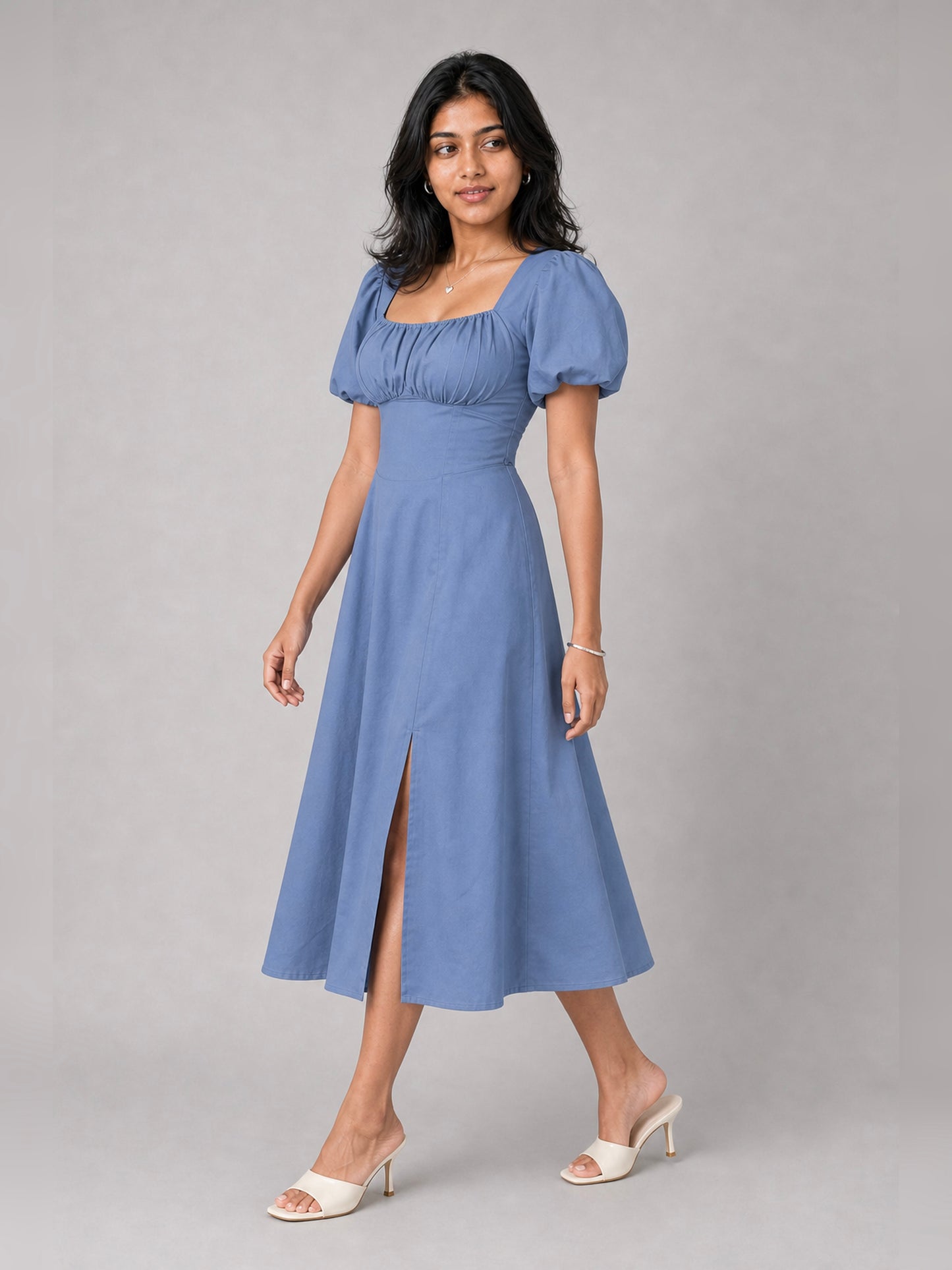 Tula Midi Dress With Basque Waist In Soft Blue