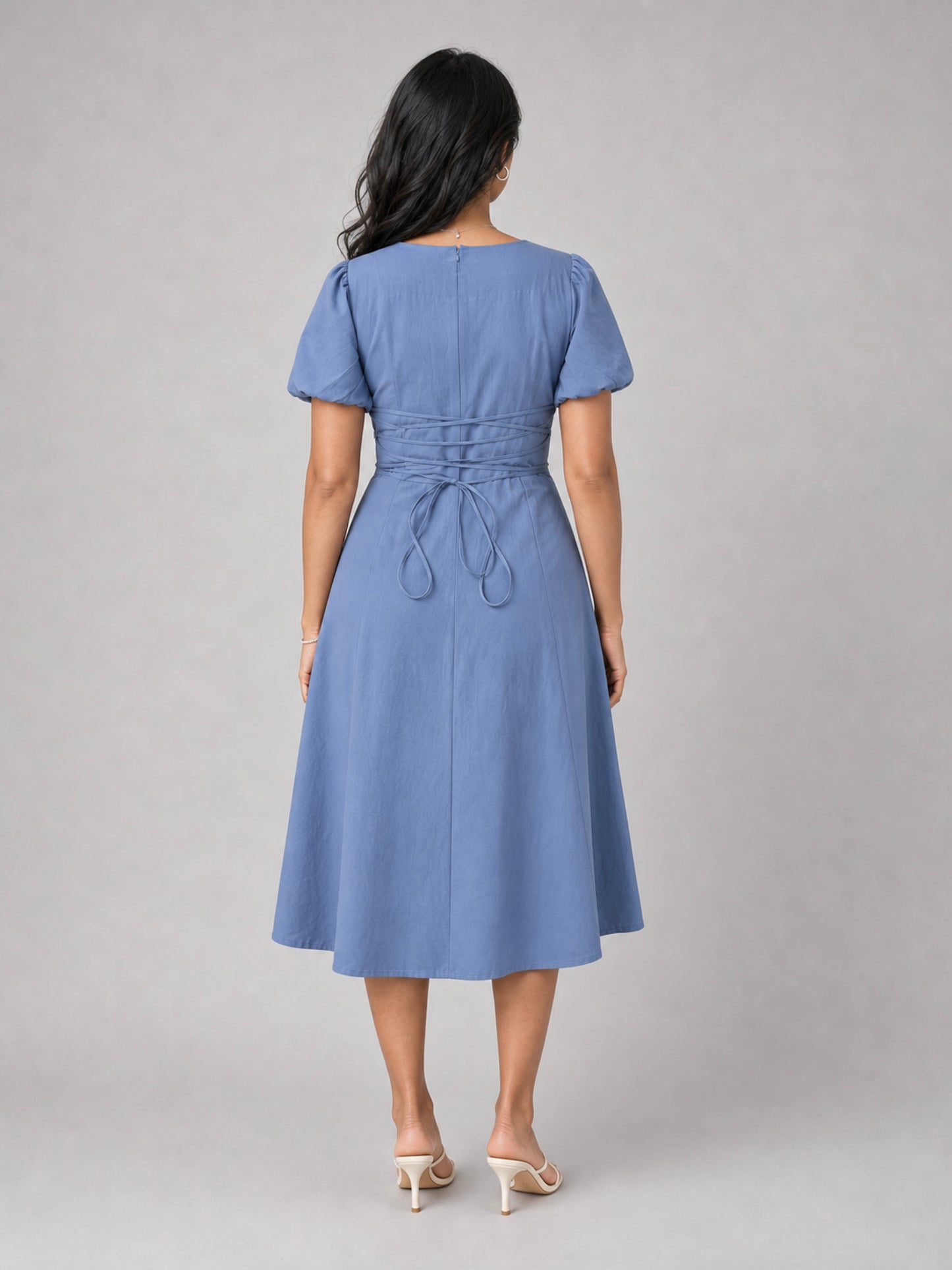 Tula Midi Dress With Basque Waist In Soft Blue