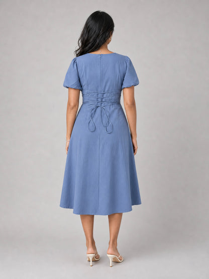 Tula Midi Dress With Basque Waist In Soft Blue